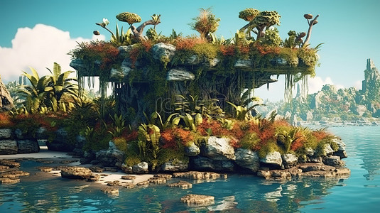 悬浮导航背景图片_悬浮在海上的茂密丛林地形的超现实岛屿绿洲 3D 渲染