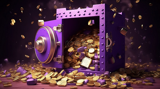 紫色金币背景图片_一个开放的紫色保险箱的 3D 渲染，里面装满了金币和美元符号，并由安全锁确保