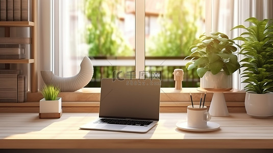 当代工作空间的 3D 渲染，配有笔记本电脑屏幕和窗边办公桌上整理的纸张