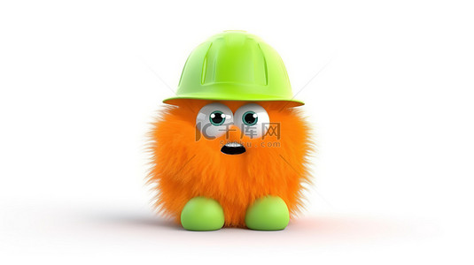 孤立的白色背景的 3D 插图，其中有一个戴着橙色安全帽的绿色毛茸茸的怪物