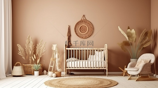 波西米亚风格的苗圃内部木制婴儿床靠在 3D 模型渲染中的空白白墙上