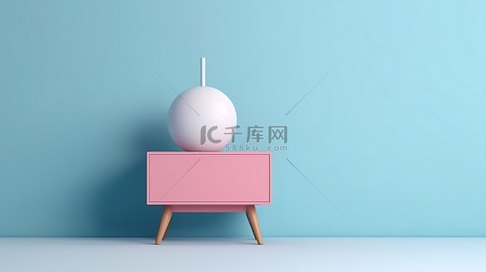现代奢华背景墙背景图片_创意简约的白色和粉色床头柜的 3D 渲染，位于蓝色背景上，带有一丝奢华