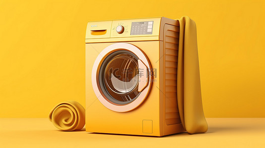 黄色背景上洗衣机的 3D 渲染非常适合社交媒体横幅和促销