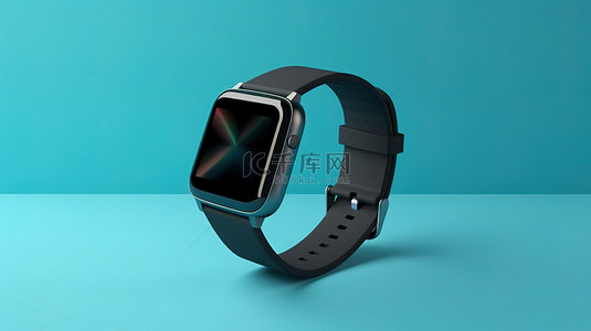 时尚的黑色智能手表模型，带有可调节表带和生动的蓝色背景 3D 渲染上的空白屏幕