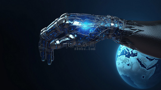 机械地球背景图片_未来派 3D 插图机械臂显示地球全息图