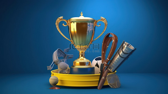 板球主题 3D 金色奖杯，蓝色背景丝带，配有设备