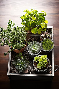 草药花背景图片_木桌上的小植物和草药
