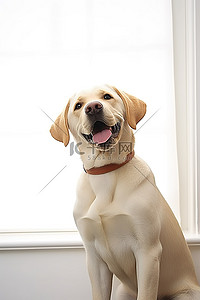 白色背景中坐在窗户旁边的黄领拉布拉多猎犬