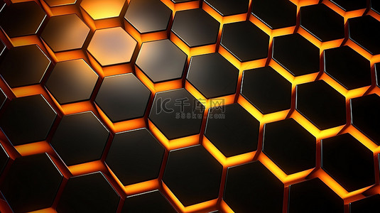 黄色灯背景图片_充满活力的橙色和黄色背光六角形碳纤维背景的 3D 渲染