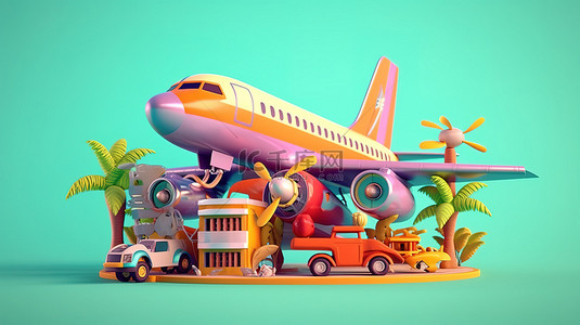 旅行度假卡通背景图片_以卡通飞机为特色的 3D 渲染假期横幅