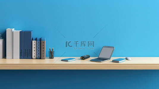 智能科技背景图片_放置在蓝色办公桌横幅上的手机的 3D 插图