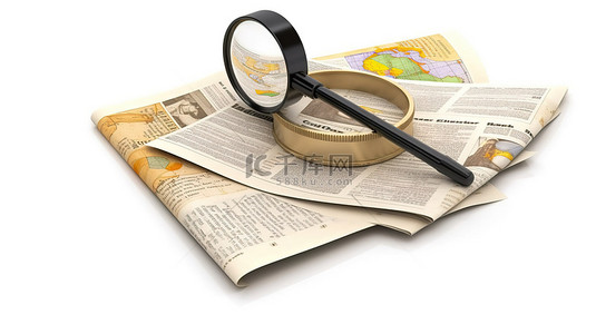 调查新闻放大镜和报纸在白色背景 3D 插图