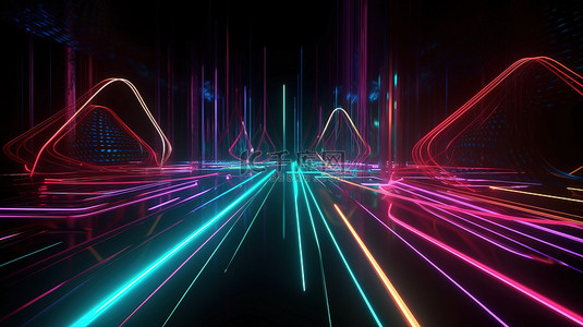 光圈模糊散影背景图片_抽象技术背景 3d 渲染上的未来霓虹灯线