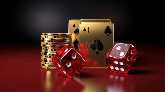 金金色卡背景图片_赌场主题扑克牌，带有富丽堂皇的金冠和红色骰子，采用 3D 渲染，具有赌博模板并包括剪切路径
