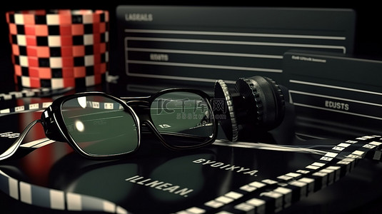 三维电影卷轴 3D 眼镜和电影场记板
