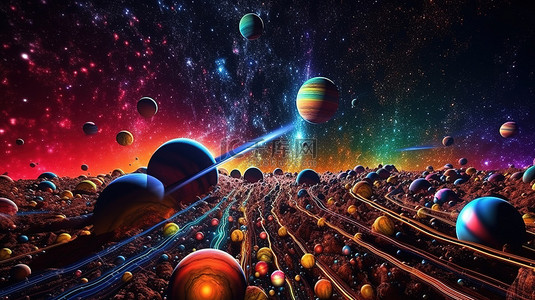 虚拟现实空间中星空下五彩迷幻行星的 3D 渲染
