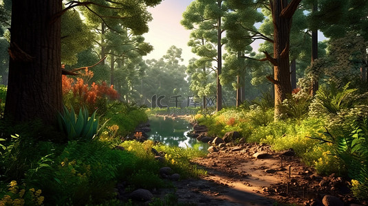 令人惊叹的 3D 森林景观插图
