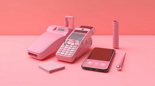 数字交易粉红色背景与信用卡 pos 终端和电话说明无现金社会在线支付和省钱