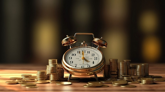 时间就是金钱 3D 渲染的闹钟和硬币在秤上平衡