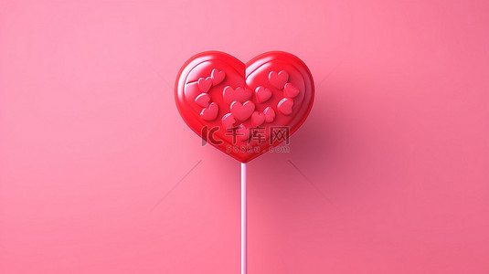 红心节背景图片_最小情人节概念想法 3D 渲染红心棒棒糖在粉红色背景上与复制空间