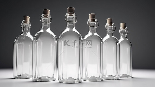 渲染图像一排没有标签的透明玻璃瓶