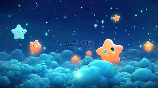 星空背景图片_卡通星星云和气泡照亮夜空的 3D 渲染