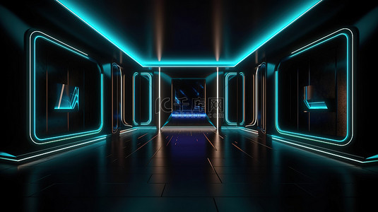 3D 渲染房间，配有黑色和发光霓虹灯虚拟现实照明，用于产品展示
