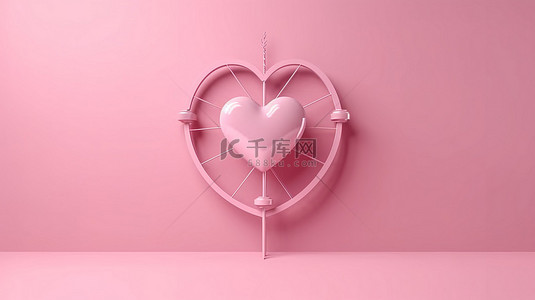 粉红色背景上心与箭的爱情情人节概念的 3D 渲染