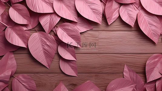 3d花草背景图片_带有木质纹理和叶子装饰的可爱粉红色背景的 3D 渲染