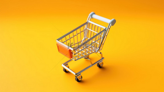 黄色背景迷你购物车或手推车最小和空的顶视图非常适合 3D 渲染的超市购物概念
