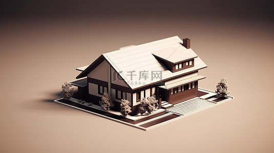 出租房屋背景图片_等距视图中单个独立房屋的 3D 渲染单色微型模型