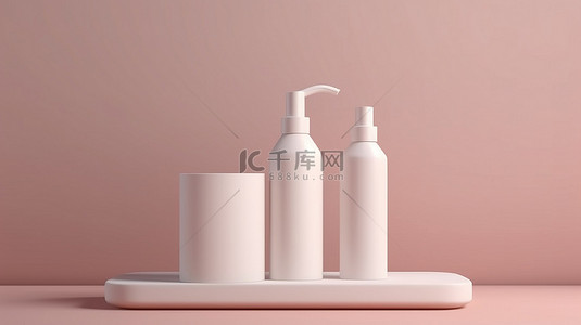 包装瓶展示样机背景图片_优雅的 3D 渲染简约有机护肤品包装，底座上有白色瓶子