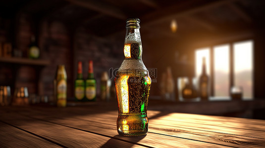 品脱背景图片_陈旧的板背景，配有啤酒瓶的 3D 渲染和桌上的一整杯啤酒