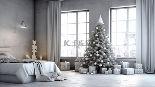 节日 3D 渲染明亮的室内装饰，配有圣诞树和礼物