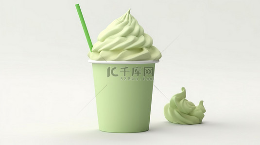 卡通风格 3D 渲染的外带杯，里面装满绿茶冰淇淋和软服务，隔离在白色背景上
