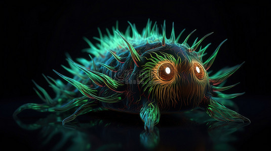3D 霓虹灯毛怪物在黑暗背景中游泳的特写视图