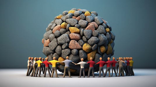 商务合作背景图片_商业中的团结呈现了一群举起象征力量和组织的岩石的 3D 图像