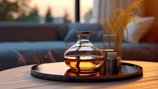 水杯白色背景图片_现代咖啡桌配有水瓶水杯和芳香蜡烛，采用令人惊叹的 3D 室内渲染
