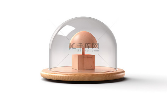 房屋安全背景图片_白色背景下玻璃圆顶下木制讲台上的房子的 3D 插图