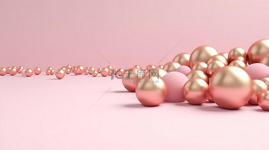 圣诞金球和粉色平躺在 3D 渲染场景中