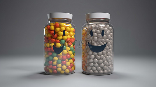 4个表情背景图片_灰色背景下的 3d 渲染中，两个玻璃罐里满是闪亮的表情符号药丸