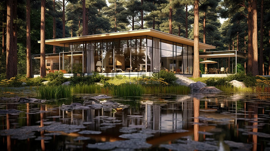 林中木屋背景图片_1 豪华住宅的树林中的宏伟豪宅 3D 渲染