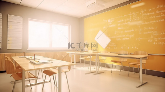 有金墙和白板的虚拟现实教室