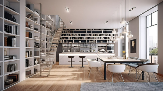 现代室内设计豪华开放式厨房和图书馆的 3D 渲染图