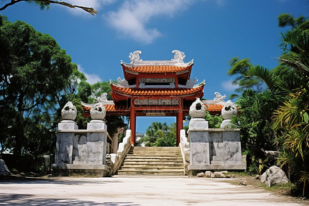 日本福神背景图片_橙色和白色石路上的一座中国神社