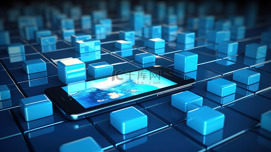 智能手机屏幕上带有 3d 蓝色应用程序图标的浮动立方体