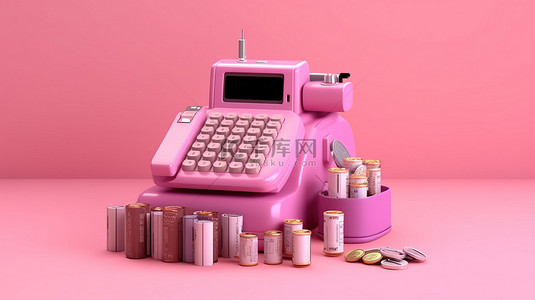 3D 渲染粉红色背景的插图与省钱概念钱袋硬币堆和 pos 终端