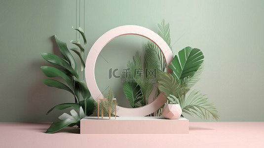 夏季热带植物背景图片_产品展示概念热带植物点缀 3D 渲染的夏季讲台