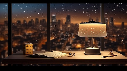 城市建筑夜晚背景图片_城市景观和星空 3D 模型和台灯照亮夜晚