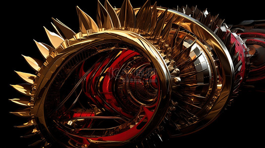 黑色背景上带有金色叶片和红色玻璃的抽象机制的超现实涡轮喷气发动机 3d 渲染
